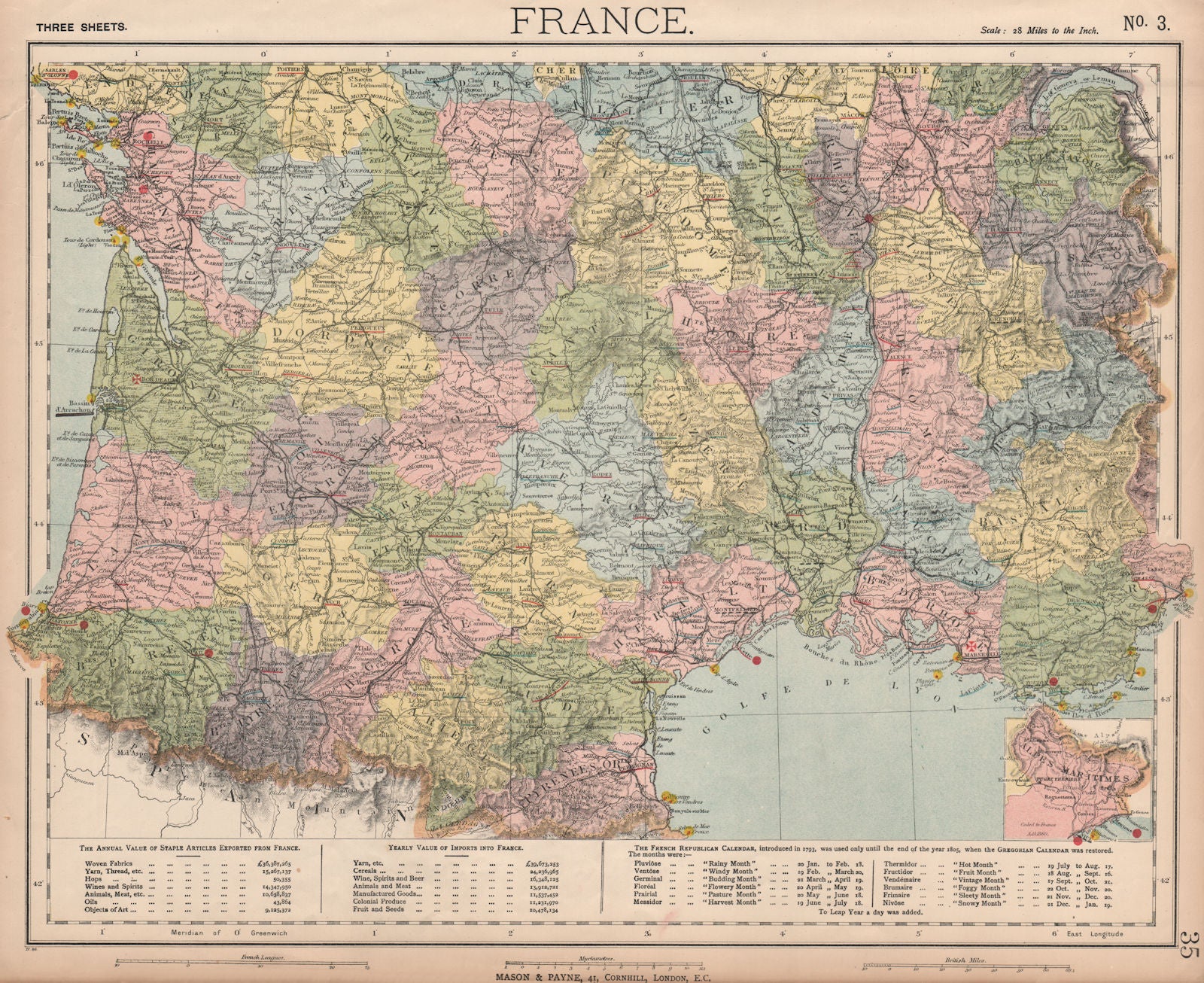 FRANCE SOUTH. Lighthouses. French Republican Calendar 1793-1805. LETTS 1889 map